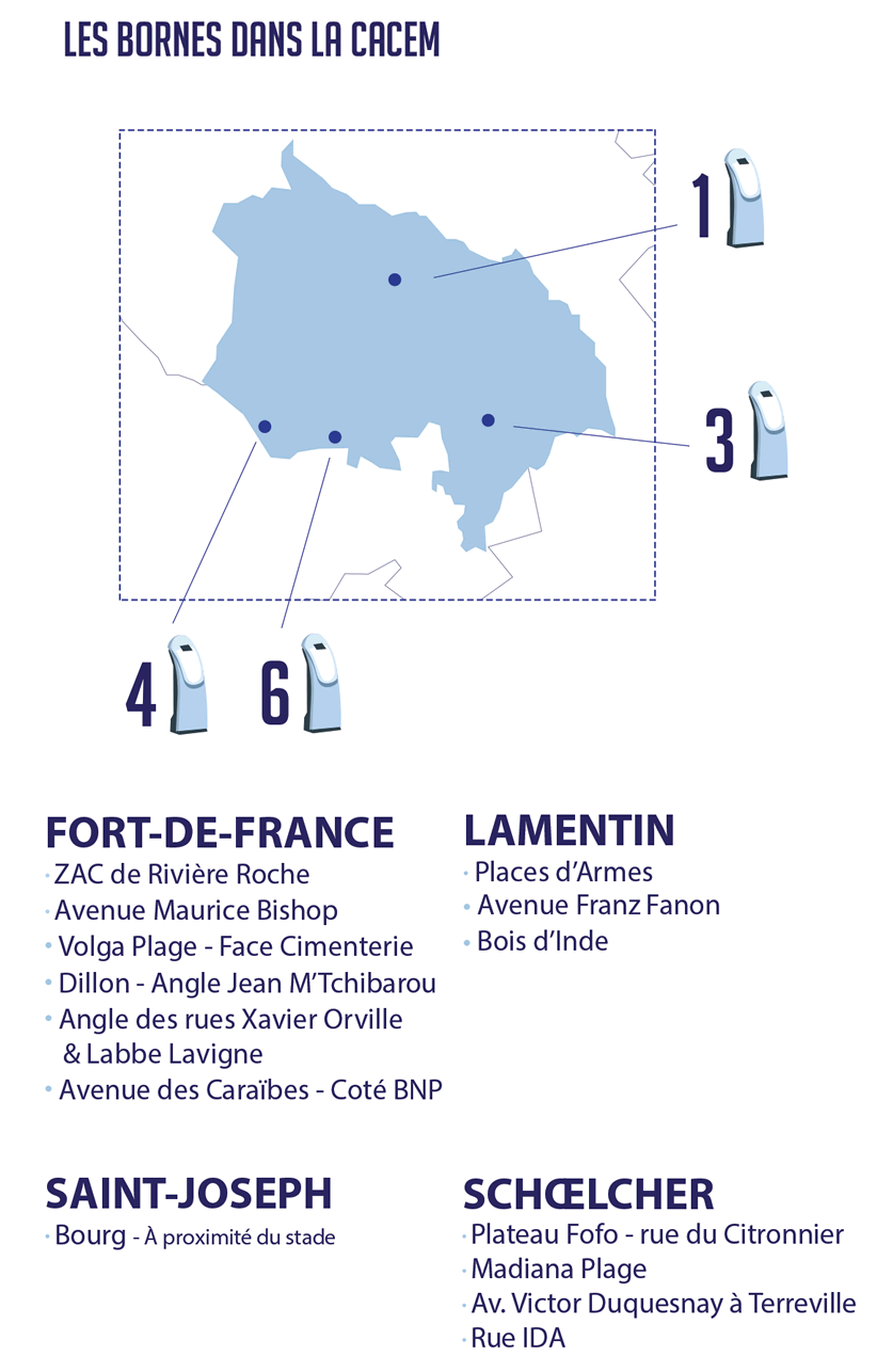 carte des bornes de puisage en Martinique